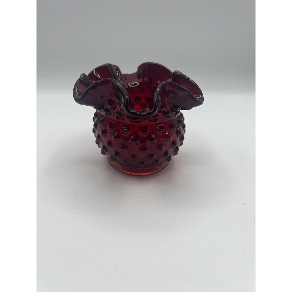 Fenton Amberina Red Orange Hobnail Ruffle Crimp Edge Rose Bowl Vase Vtg W/ Label
